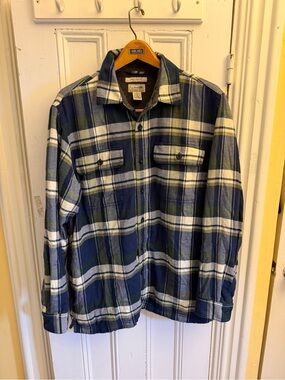 LL Bean Fleece Lined Flannel Shirt Jacket Mens L Plaid Blue Green Traditional